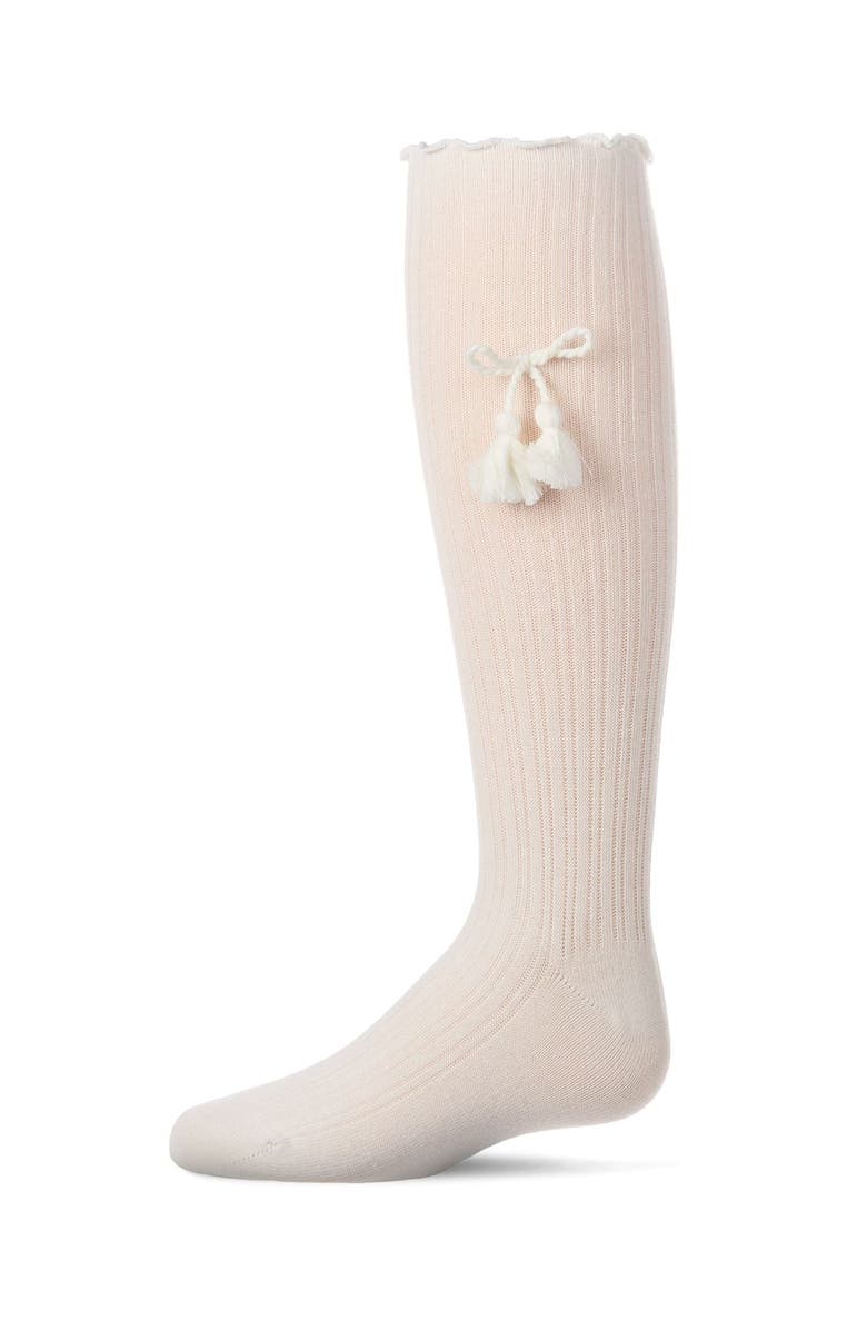MeMoi Tassle-Bow-Trimmed Lettuce Edge Knee High Sock, Main, color, Winter White