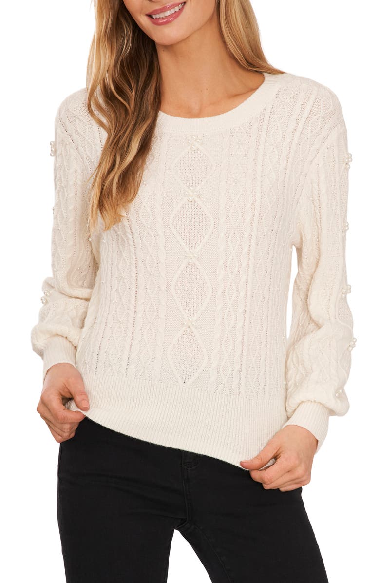 CeCe Imitation Pearl Cable Sweater, Main, color,