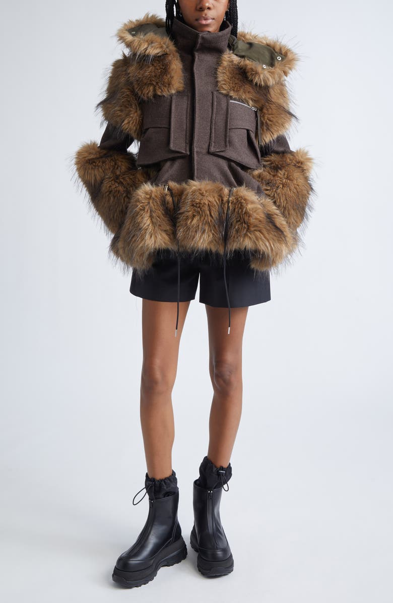 Sacai Melton Wool & Faux Fur Jacket, Alternate, color, Brown/ Beige