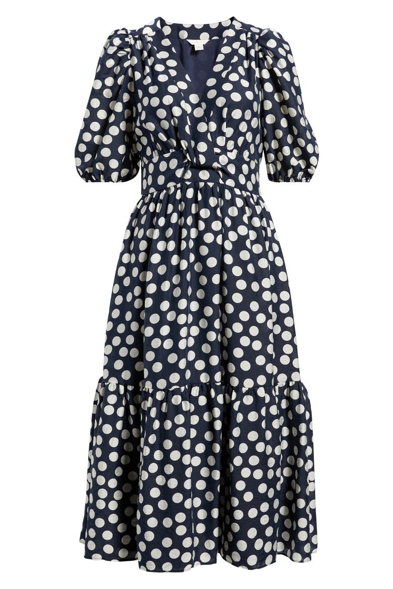 Twist Detail Allover Print Midi Dress, Alternate, color, NAVY- IVORY ANNIE DOT