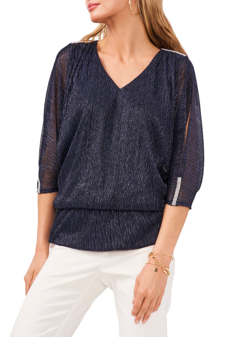 Metallic V-Neck Blouse, Main, color, NAVY