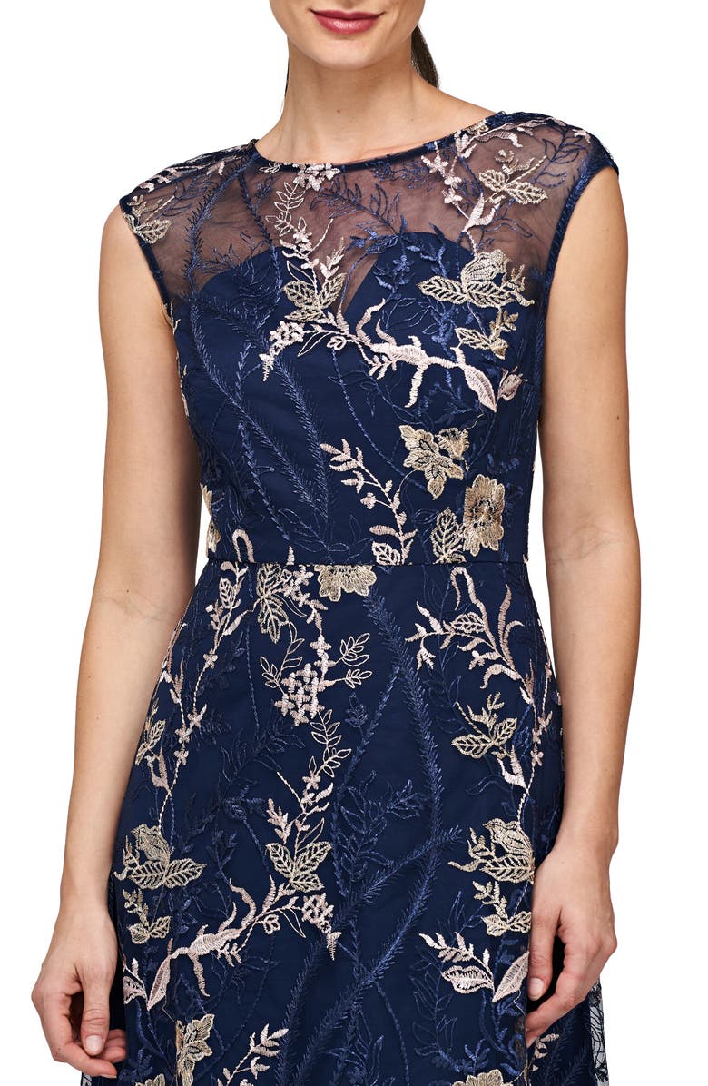JS Collections Brynn Floral Embroidered Mesh Dress, Alternate, color, Navy/ Blush