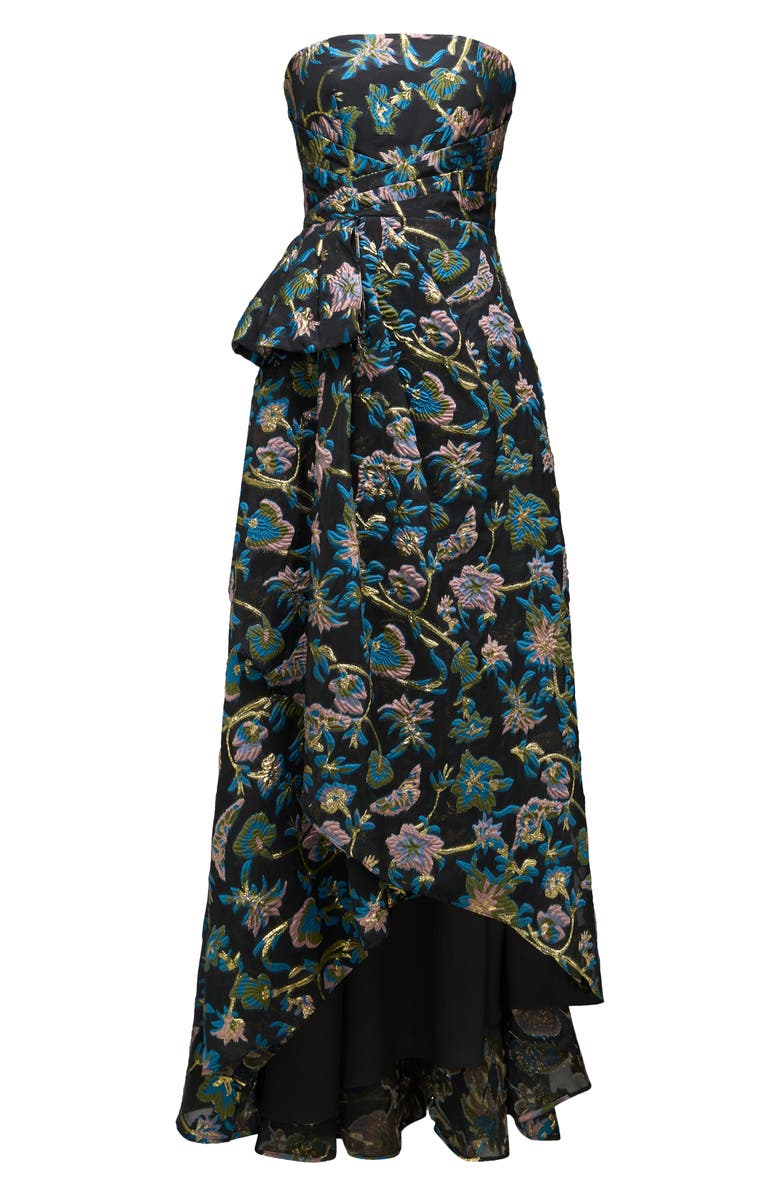 Theia Alice Metallic Jacquard Strapless High-Low Gown, Alternate, color, 