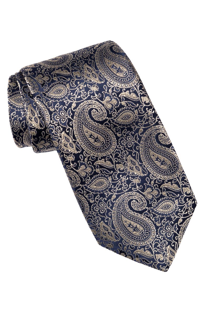 Elizabetta Donatello - Extra Long Silk Jacquard Tie for Men, Main, color, Navy And Pewter