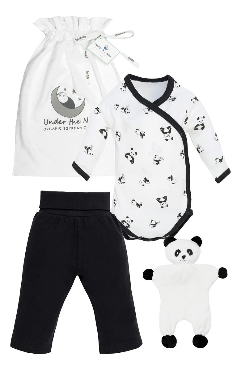 Under the Nile 3-Piece Organic Cotton Panda Bodysuit, Pants & Toy Gift Set, Main, color, 