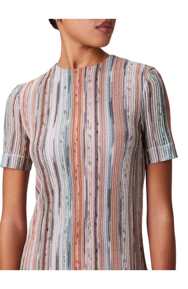 Missoni Short-sleeved Mini-dress In Striped Lamé Slub Viscose, Alternate, color, Orange Multi