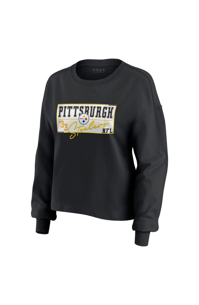 WEAR by Erin Andrews Women's WEAR by Erin Andrews Black Pittsburgh Steelers Heavy Rugby Jersey Long Sleeve T-Shirt & Shorts Lounge Set, Alternate, color,