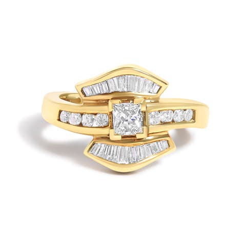 14K Yellow Gold 1.0 Cttw Princess Diamond Geometric Cocktail Ring