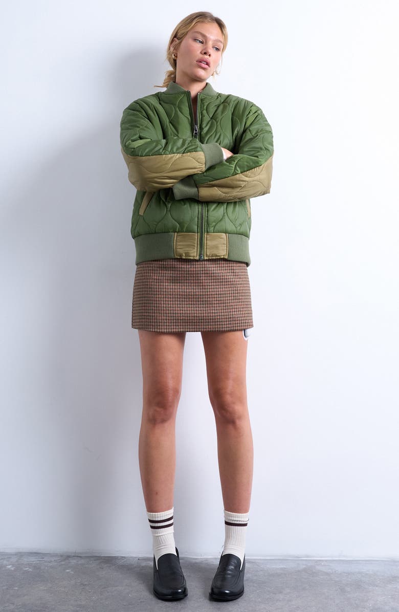 Topshop Colorblock Quilted Bomber Jacket, Alternate, color, Medium Green