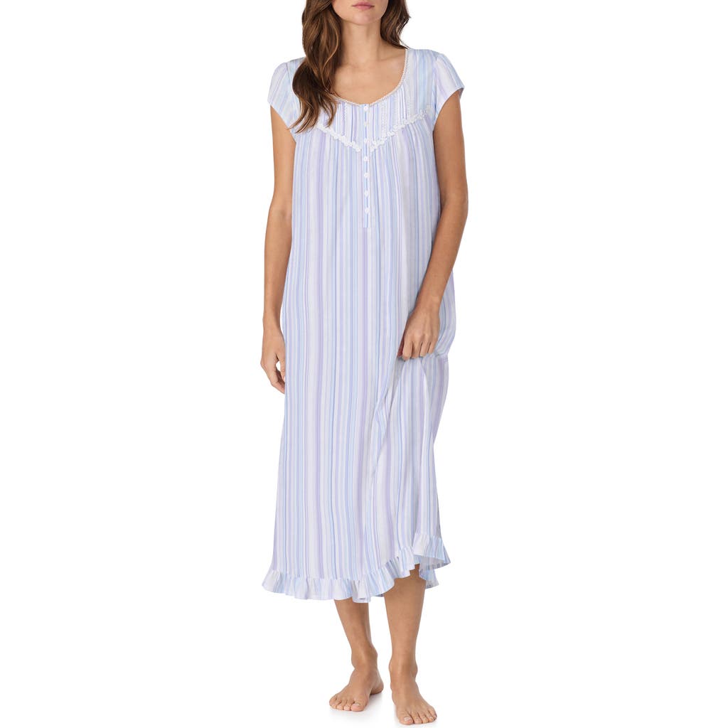 Eileen West Cap Sleeve Cotton Nightgown in Multi Stripe Blue at Nordstrom, Size Large