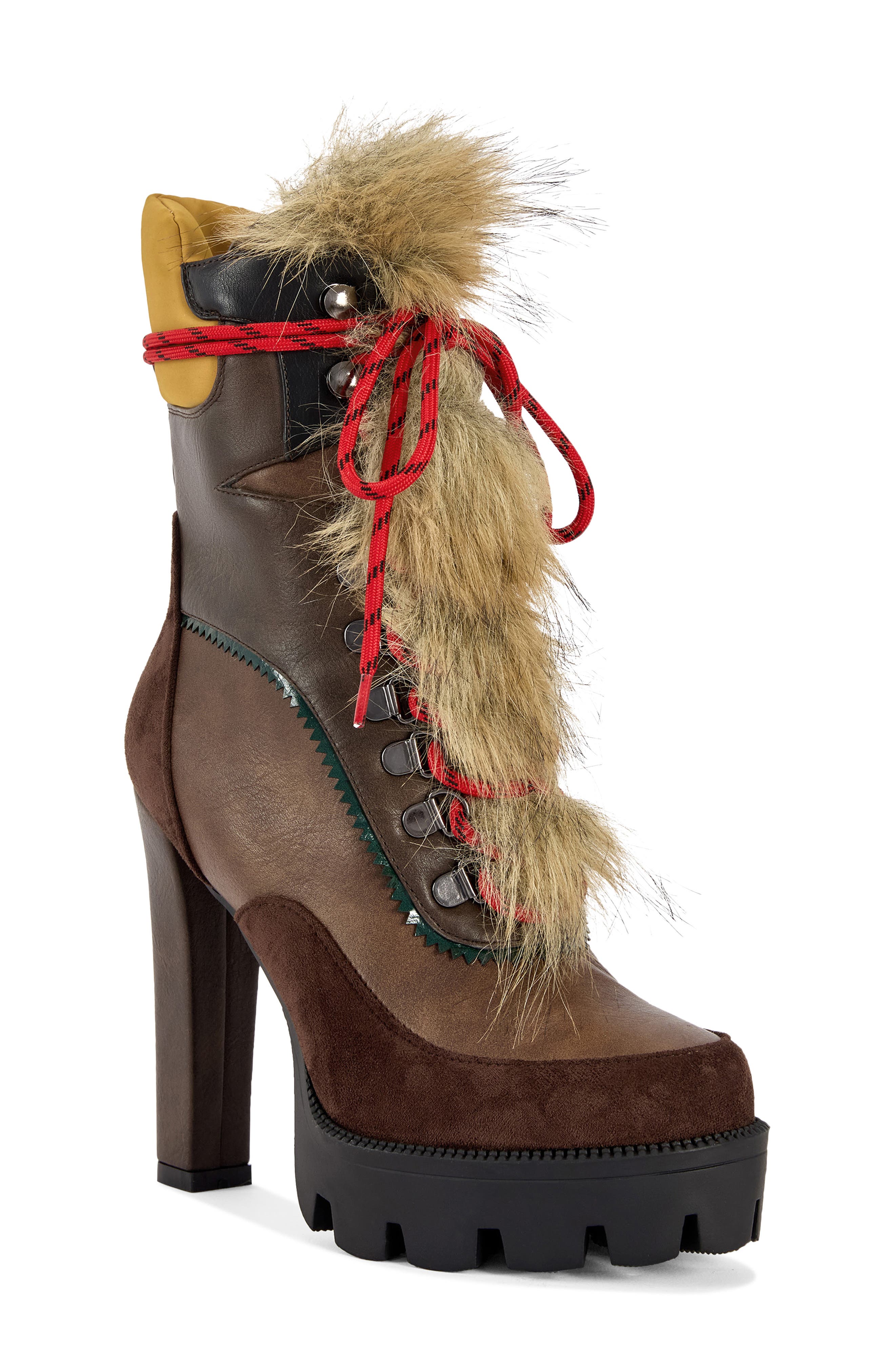 Leader Faux Fur Platform Bootie, Main, color, BROWN MULTI