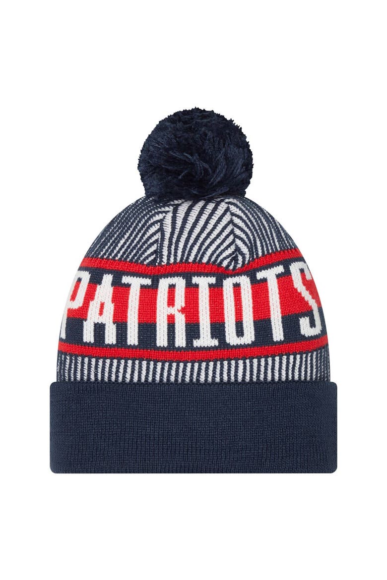 Youth New Era Navy New England Patriots Striped  Cuffed Knit Hat with Pom, Alternate, color, Navy