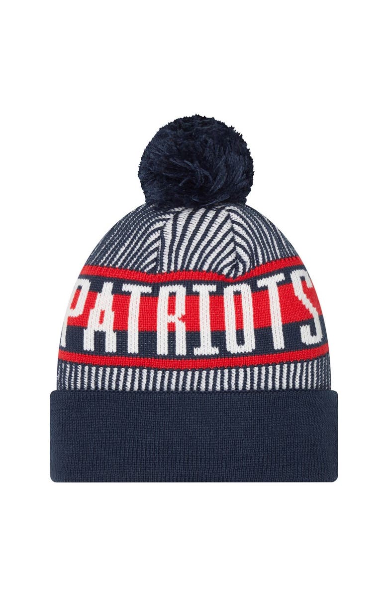 New Era Youth New Era Navy New England Patriots Striped  Cuffed Knit Hat with Pom, Alternate, color, Navy