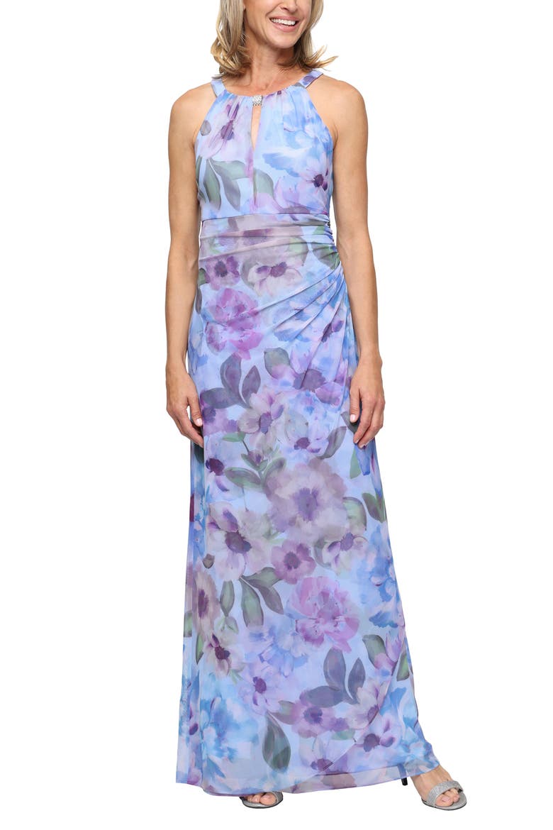 Gathered Floral Cutout Sleeveless Maxi Dress, Main, color, BLUE/ MULTI