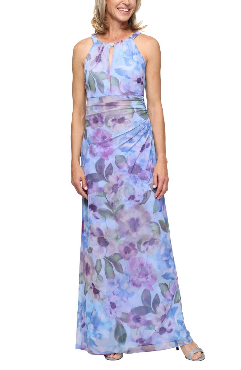SL FASHIONS Gathered Floral Cutout Sleeveless Maxi Dress, Main, color, Blue/ Multi