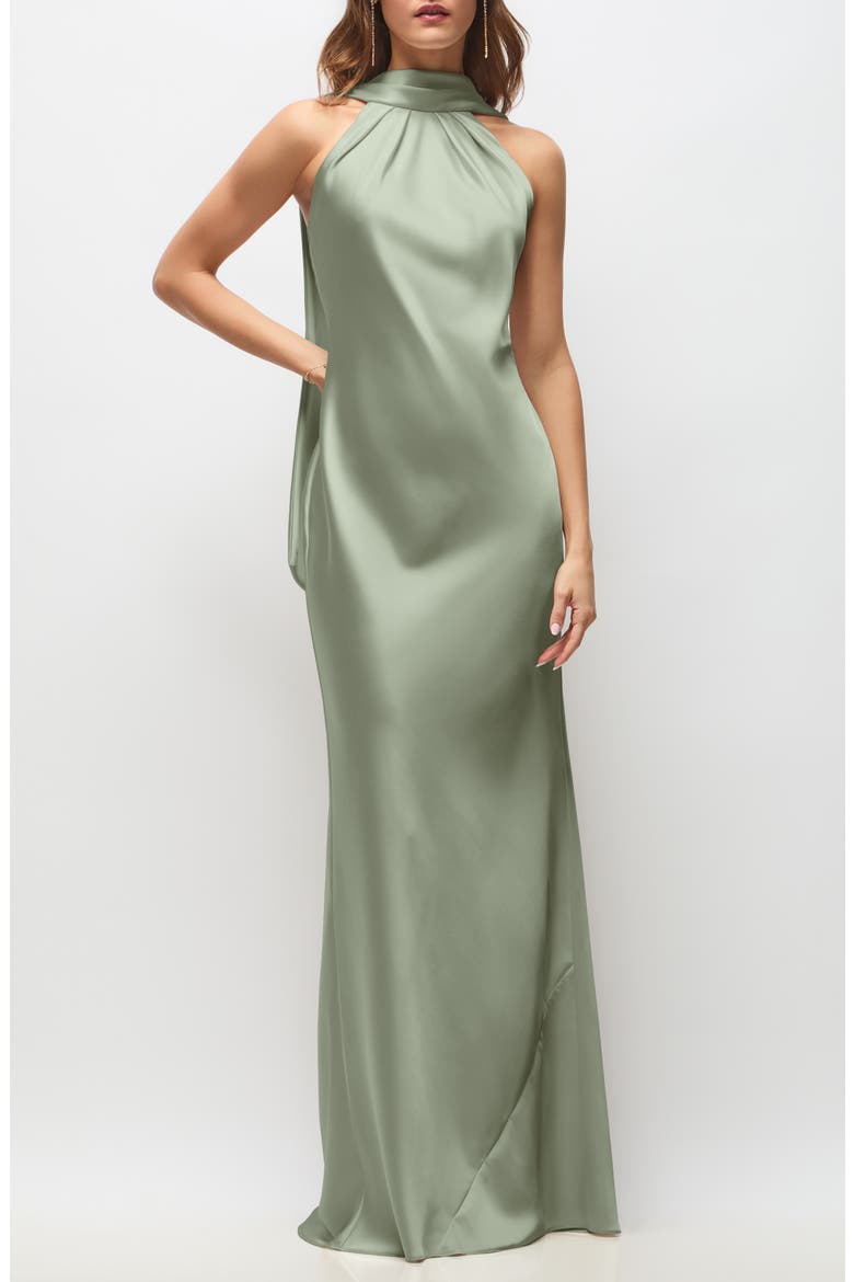Anais Scarf Neck Satin Charmeuse Gown, Main, color, SAGE