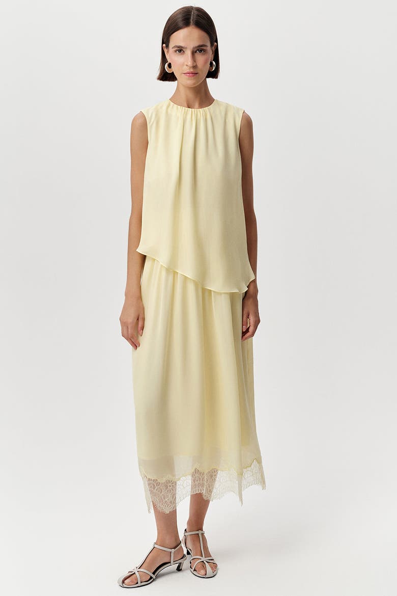 Alix Crew Neck Lace Hem Midi Dress, Main, color, Yellow