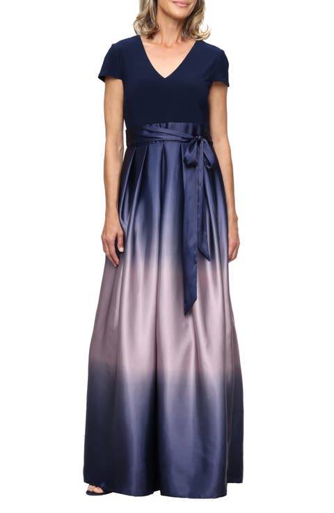 Short Sleeve Jersey Bodice Ombré Satin A-Line Gown