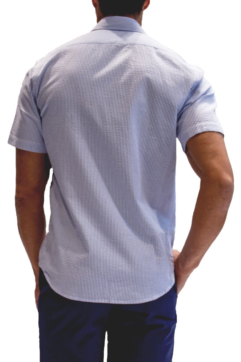 Heritage Stripe Print Short Sleeve Cotton Button-Down Shirt, Alternate, color, BLUE