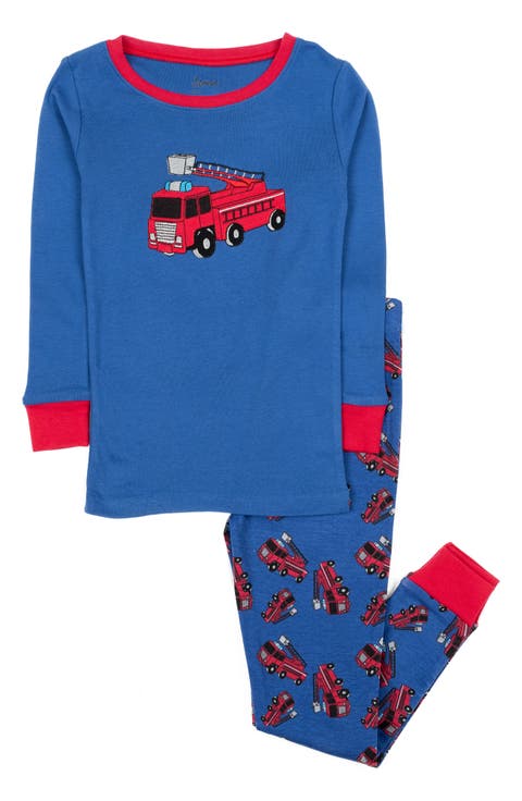 LEVERET Firetruck 2-Piece Cotton Long Sleeve Pajamas