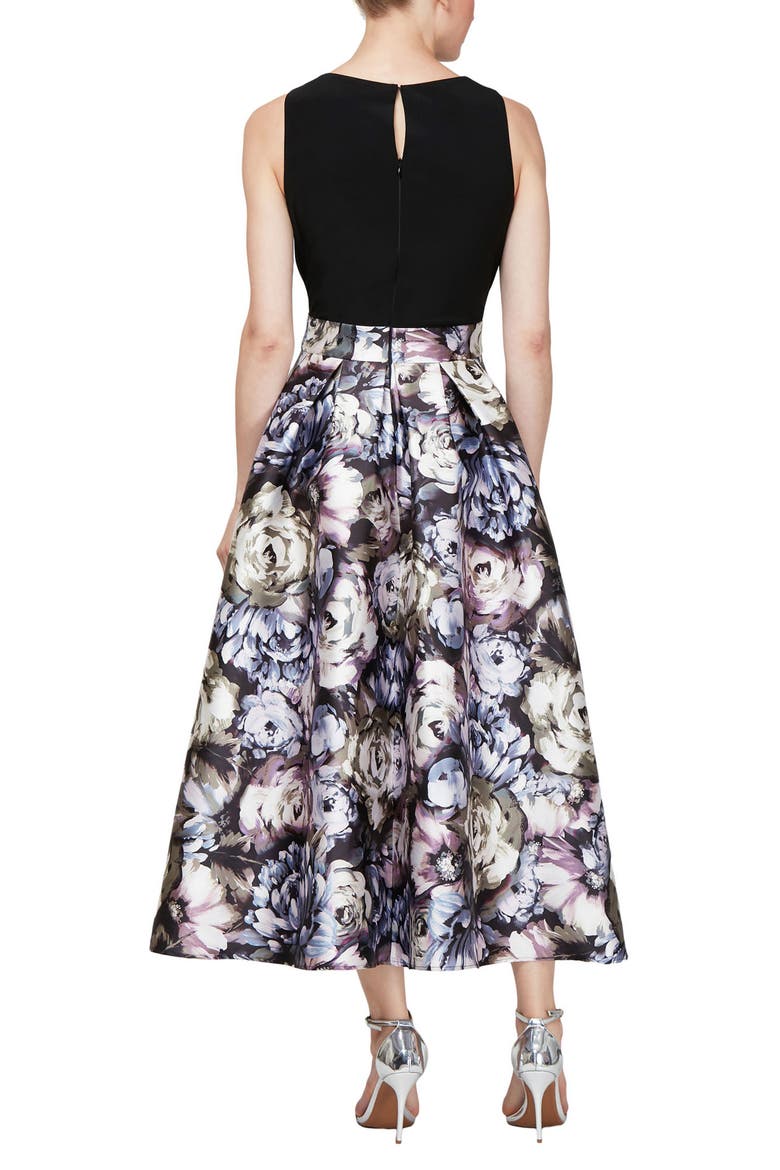 Jewel Neck Solid Top Floral Print Skirt Sheath Cocktail Dress, Alternate, color, PML