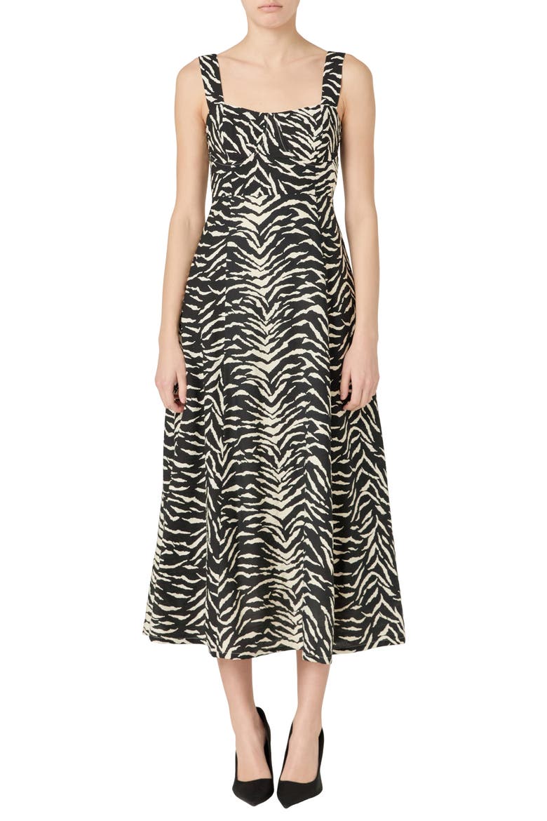 Animal Print Corset Bodice Cotton Dress, Main, color, BLACK/ IVORY