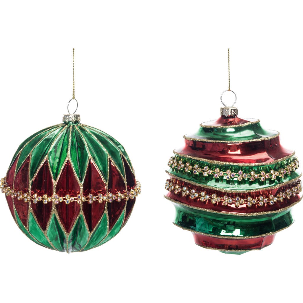 Transpac Glass Red Green Ornament Set Of 2 Christmas Decorations