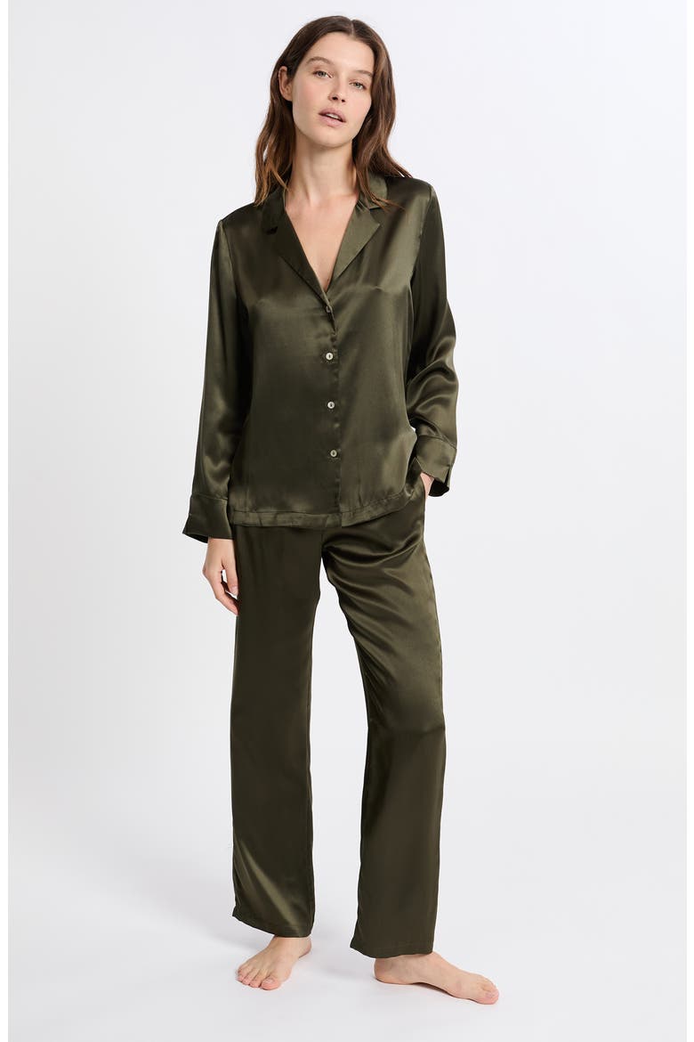 Pearly Silk Chemise Button-Up Pajama Shirt, Alternate, color, KAKI