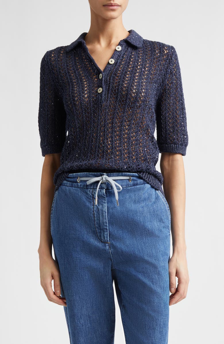 Eleventy Open Stitch Cotton & Linen Blend Polo, Main, color, 11N New Blue