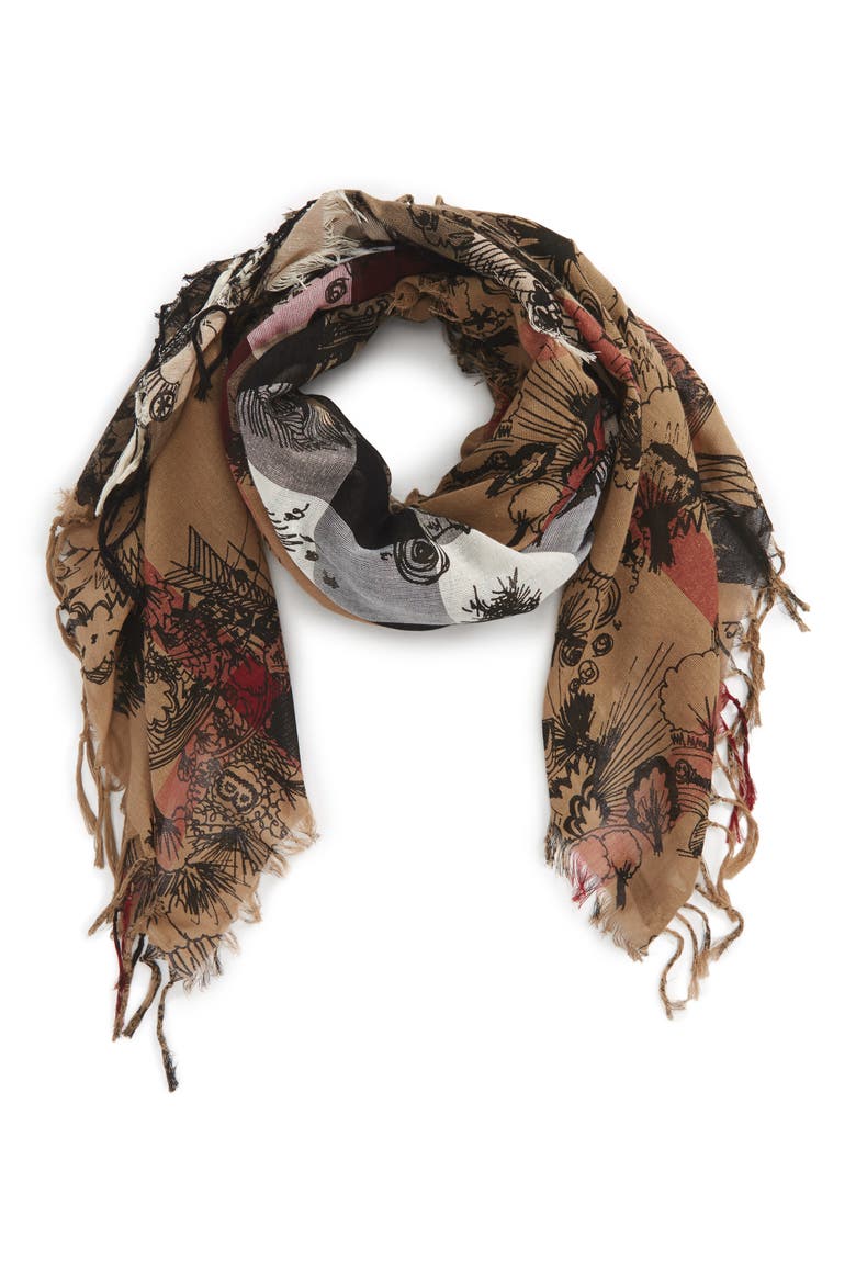 Sketchbook Doodle Mega Check Silk & Cotton Scarf, Main, color, CAMEL CHECK/ BLACK