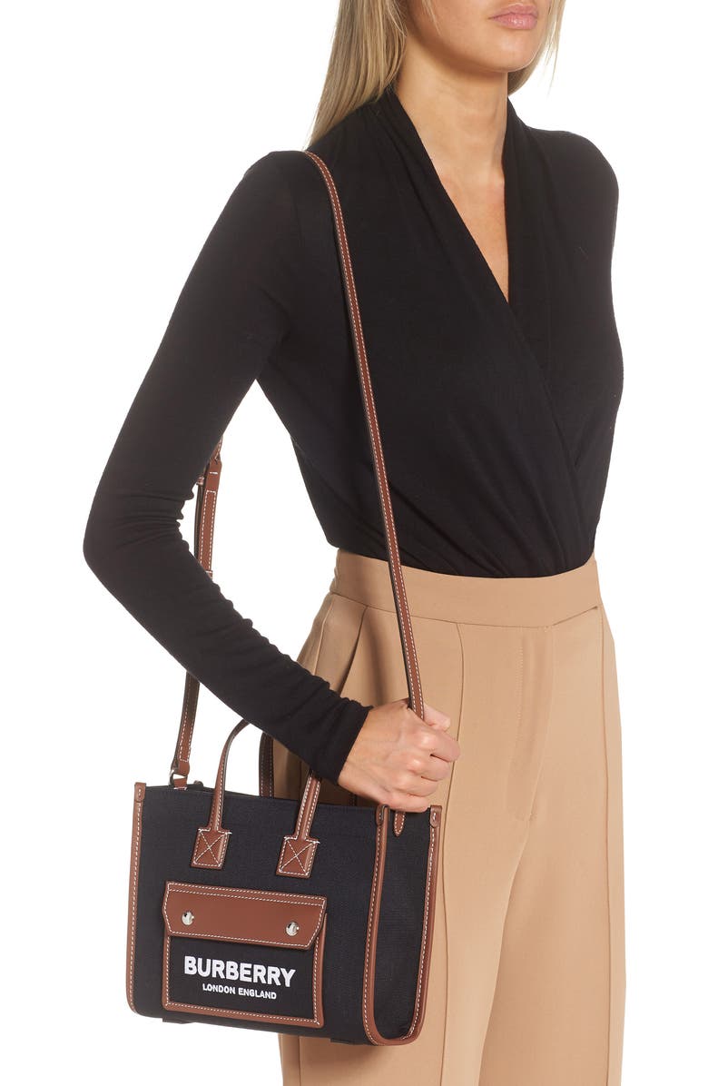 Burberry Mini Freya Horseferry Logo Canvas & Leather Tote, Alternate, color,