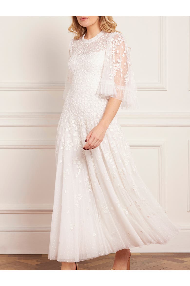 Scatter Blossom Round Neck Ankle Gown, Alternate, color, Swan White