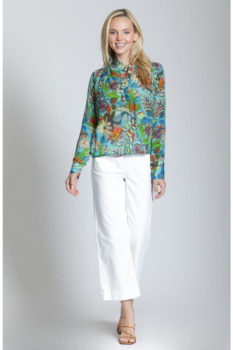 Floral Ruffle Placket Top, Alternate, color, TEAL BLUE MULTI