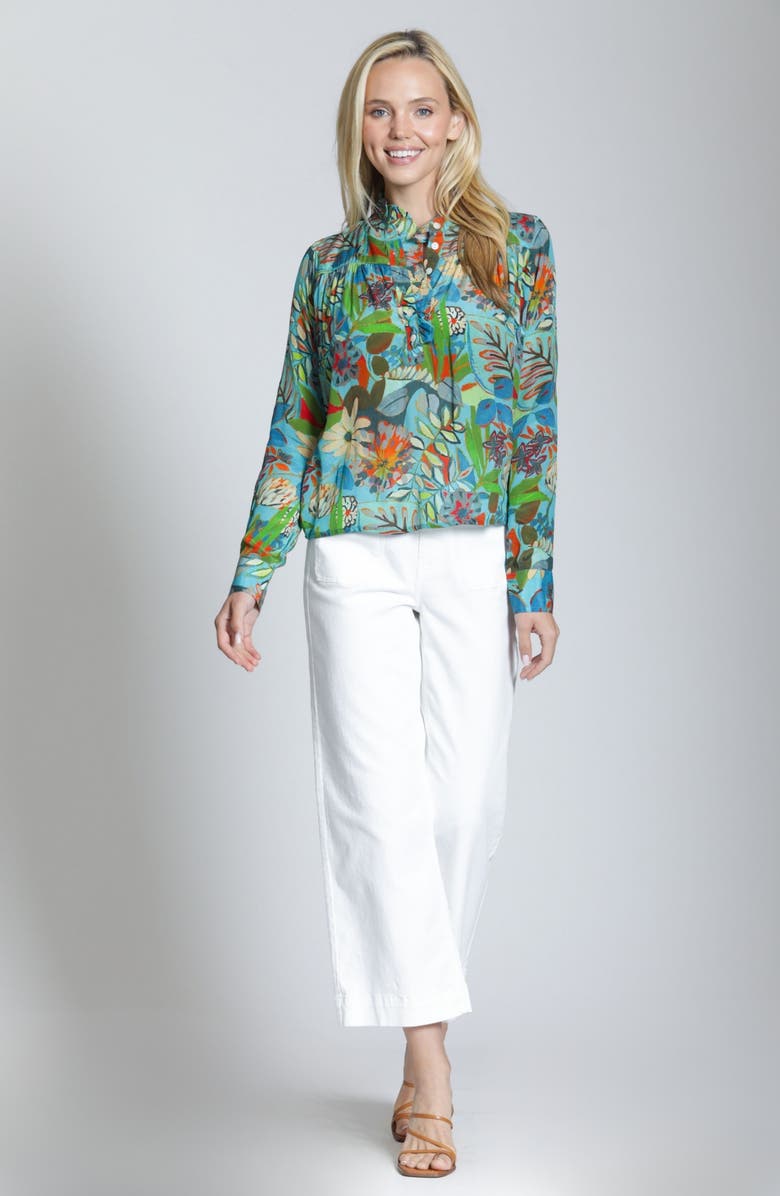 APNY Floral Ruffle Placket Top, Alternate, color, Teal Blue Multi