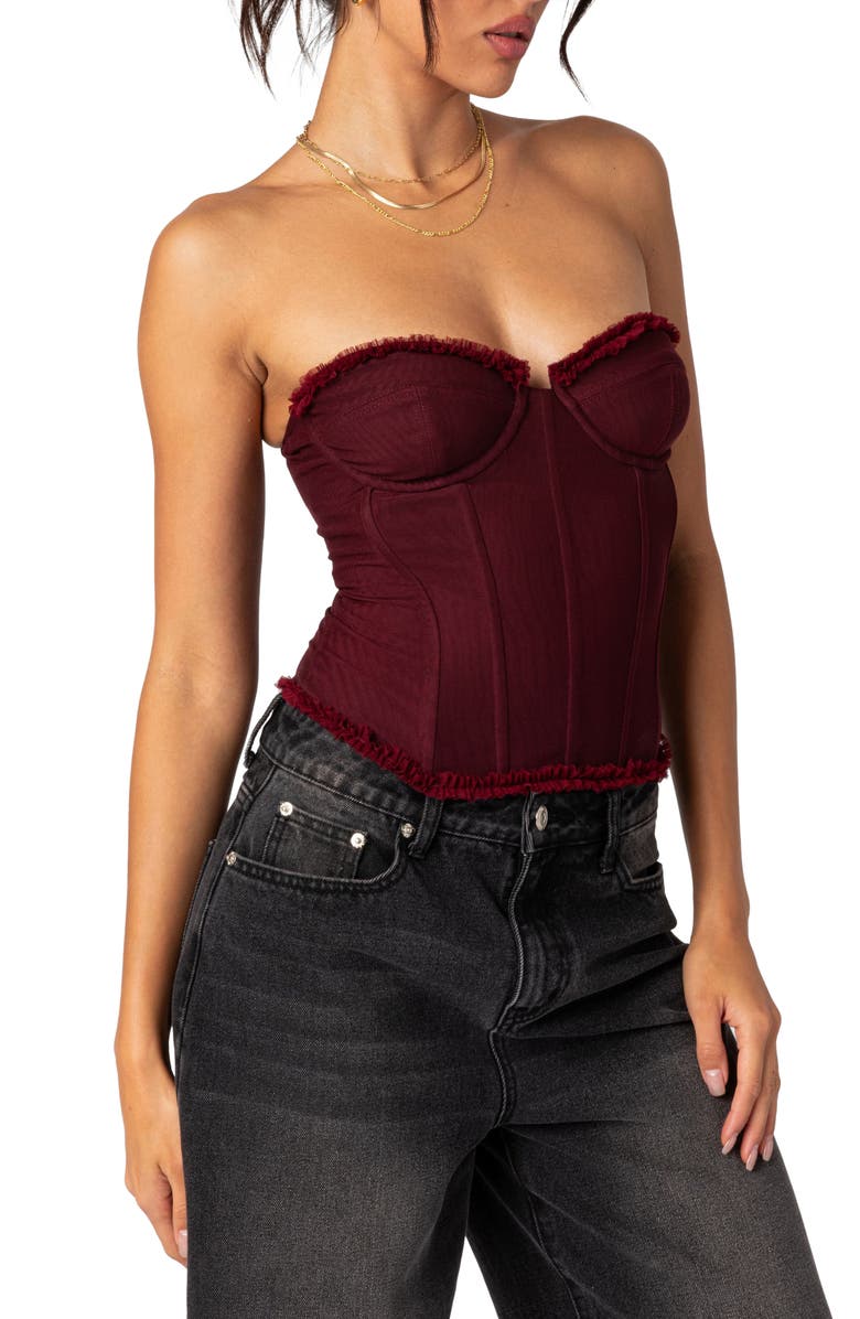 EDIKTED Deirdre Lace-Up Strapless Mesh Corset Top, Alternate, color, Burgundy