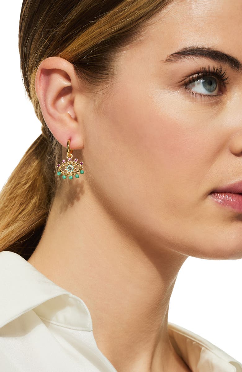 Kurt Geiger London Beaded Evil Eye Drop Huggie Earrings, Alternate, color, Brass/ Turquoise Multi
