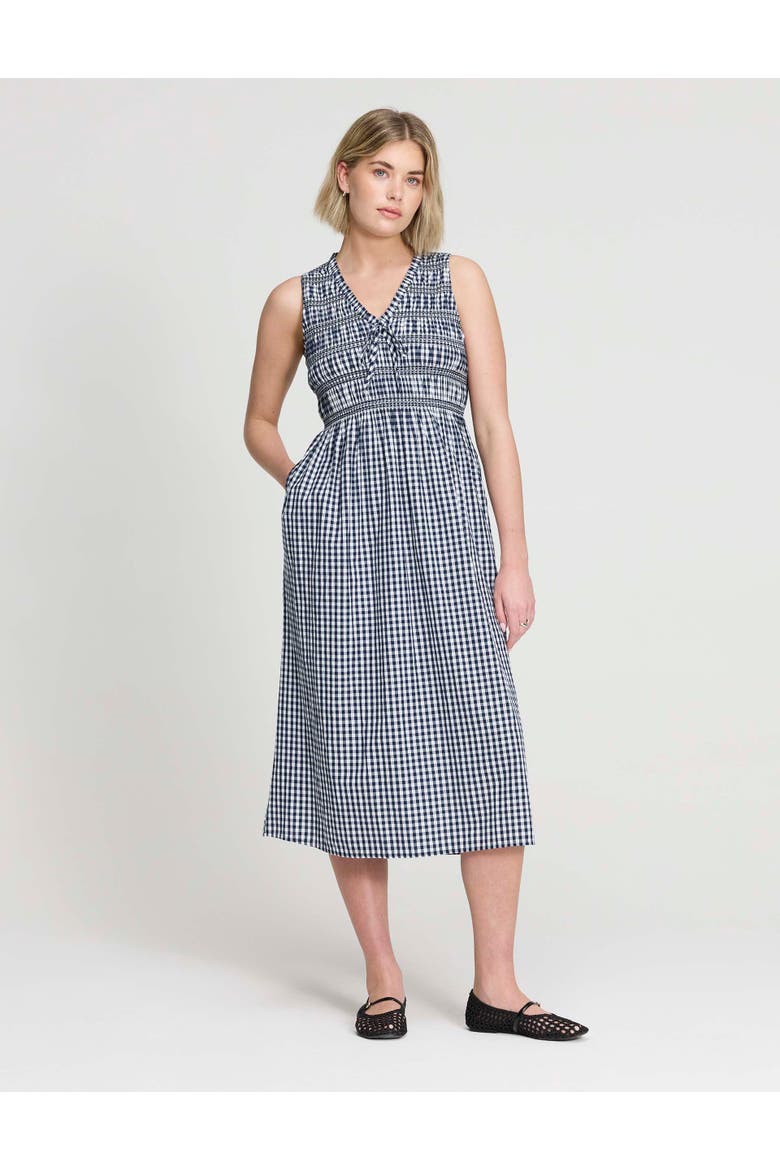 Petite Hadlee Gingham Shirred Midi Dress, Alternate, color, Black Gingham