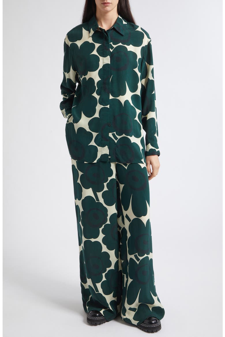 Unikko Floral Print Long Sleeve Cupro Shirt, Alternate, color, DARK GREEN LIGHT YELLOW