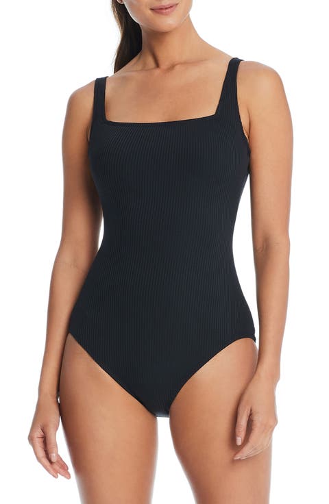 Rib Square Neck Underwire One-Piece Swimsuit