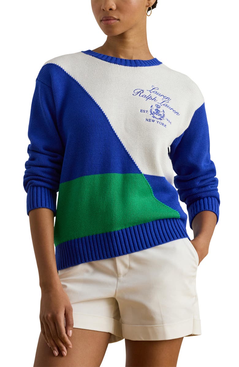 Lauren Ralph Lauren Colorblock Embroidered Sweater, Main, color, Cruise Royal Blue/ Multi