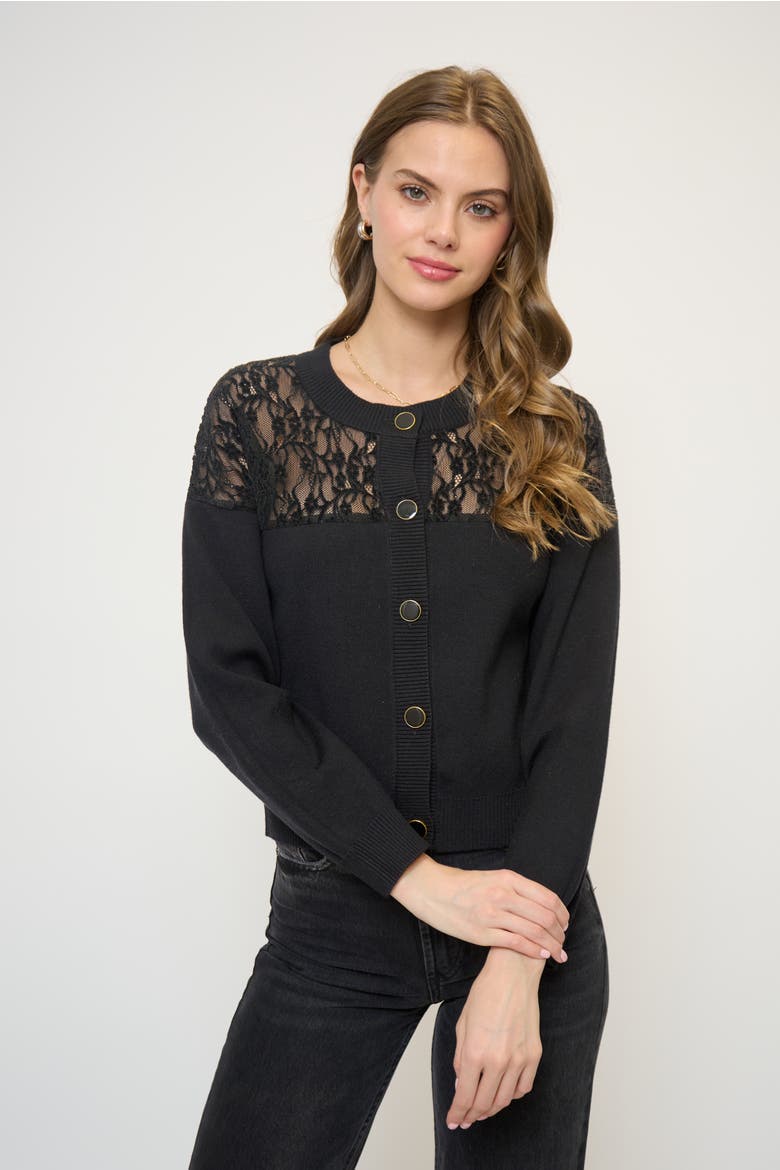 Stella Lace X Knit Twofer Sweater, Main, color, Black