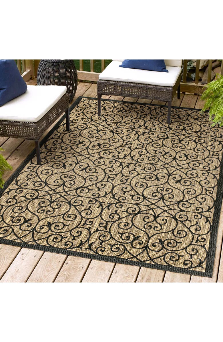 JONATHAN Y Madrid Vintage Filigree Textured Weave Indoor/Outdoor Area Rug, Alternate, color, Black/Khaki- Round