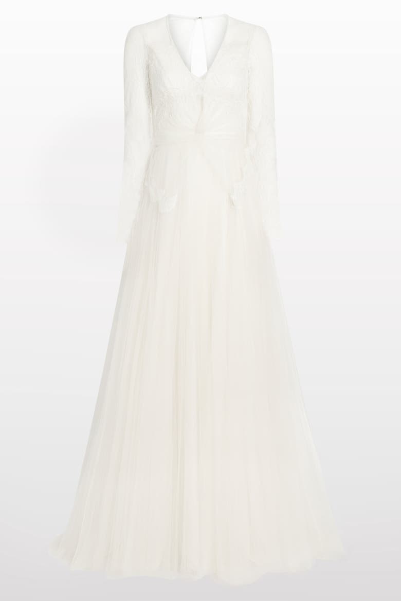 Silk Crush Lace Long-sleeve Bridal Dress, Main, color, Ivory