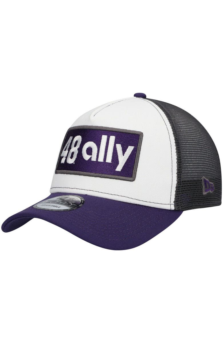 New Era Men's New Era White/Purple Alex Bowman Double Patch 9FORTY A-Frame Trucker Snapback Hat, Main, color, 