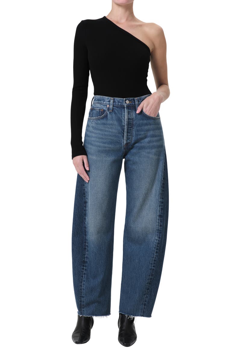 Luna Piece High Waist Raw Hem Barrel Jeans, Alternate, color, SPLIT
