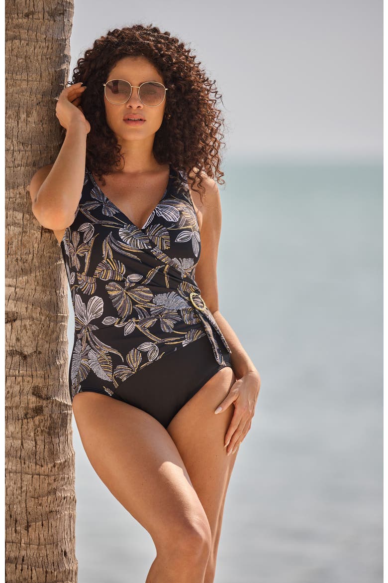 Buckle Shirred Surplice Long Torso One-Piece Swimsuit, Alternate, color, Gilded Garden