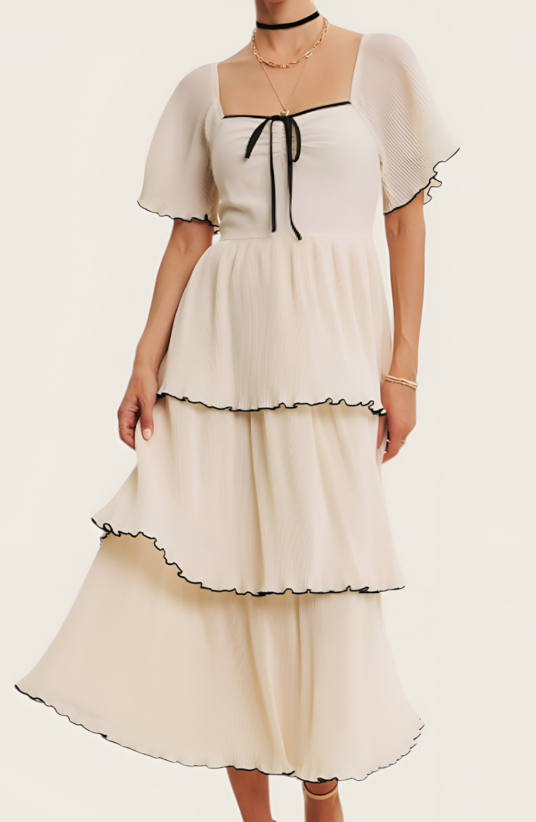Modenaire Tiered Pleated Midi Dress with Flutter Sleeves and Contrast Trim, Alternate, color, Ivory