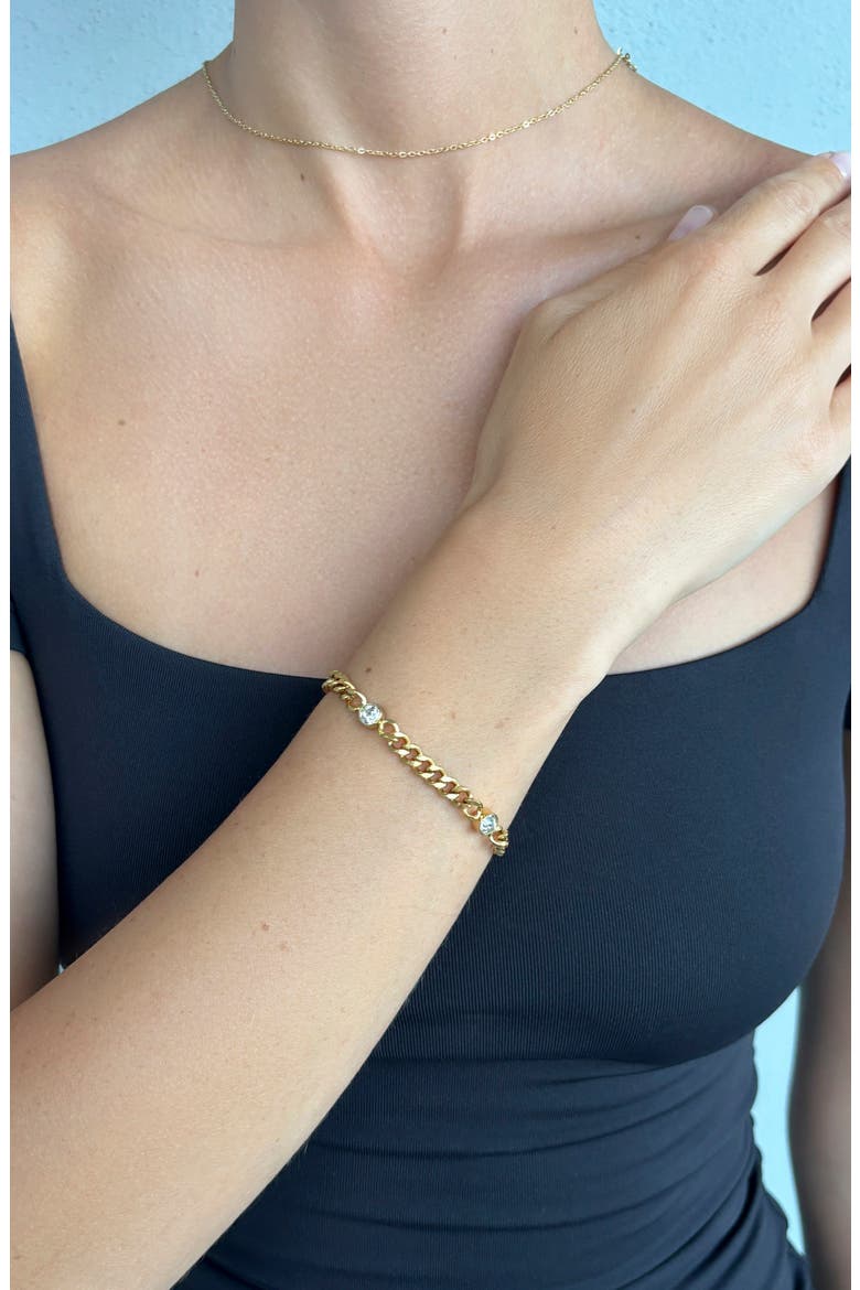 18k Gold Plated Bezel Stone Curb Chain Bracelet, Alternate, color, GOLD