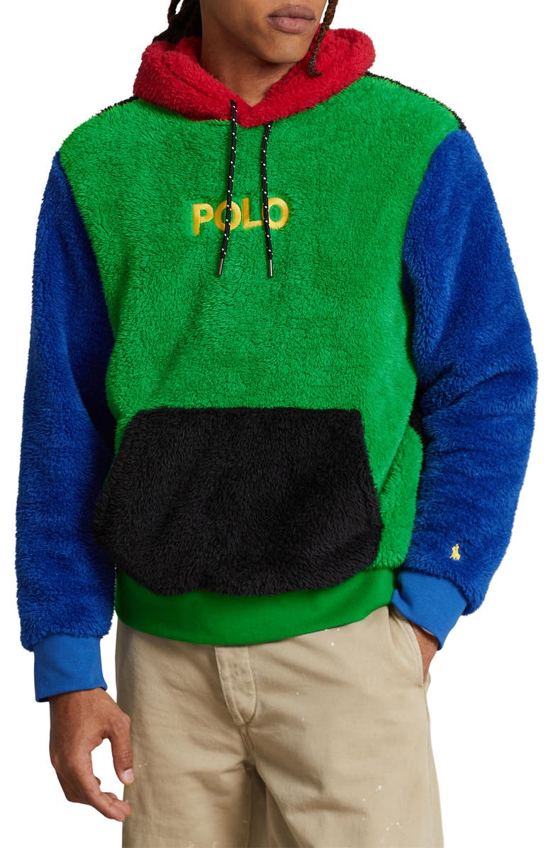Polo Ralph Lauren Curly High Pile Faux Fur Colorblocked Hoodie, Main, color, Cruise Green Multi