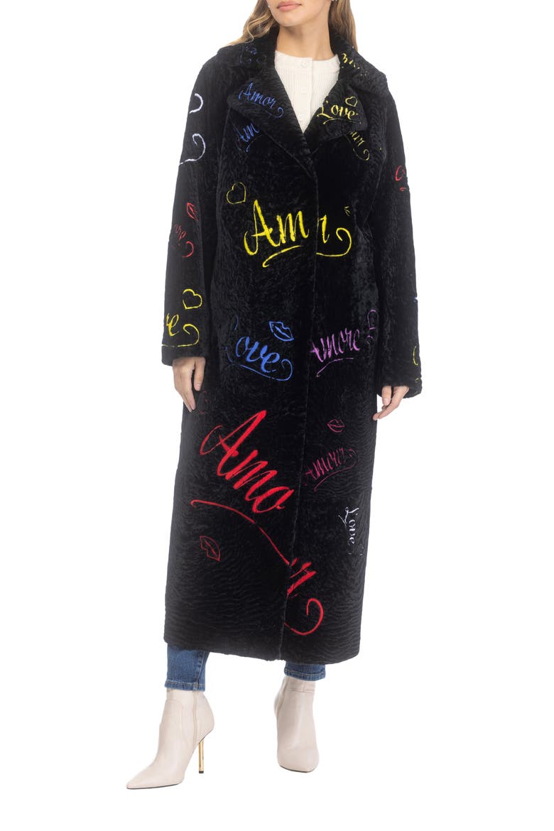 Genuine Shearling Embroidered "Love" Coat, Alternate, color, BLACK MULTI
